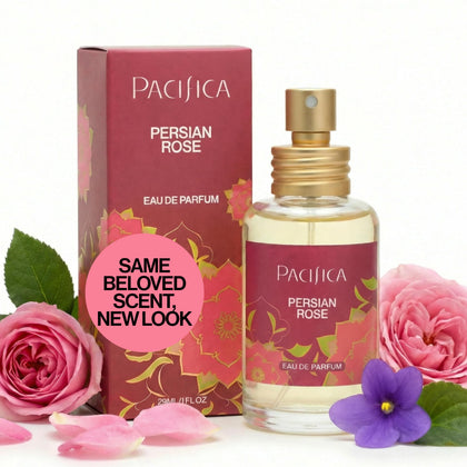 Pacifica Persian Rose Spray Perfume 1oz front view with floral design