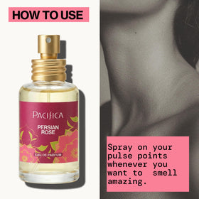 Pacifica Persian Rose Spray Perfume 1oz on a vanity with beauty products