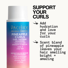 Pacifica Pineapple Curls 3-Step Hair Care Kit on a bathroom shelf