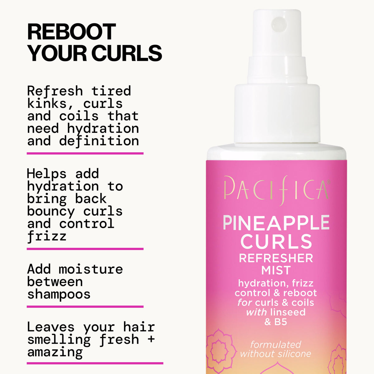 Pacifica Pineapple Curls Refresher Mist application on curly hair