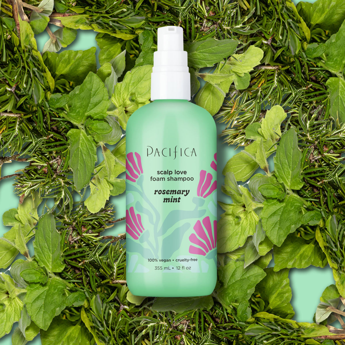 Pacifica Rosemary Mint Scalp Detox Shampoo with a minty garden backdrop