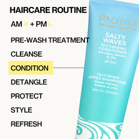 Pacifica Salty Waves Shampoo and Conditioner with tropical background
