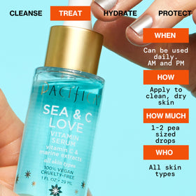 Pacifica Sea & C Love Vitamin C Serum with fresh fruits background