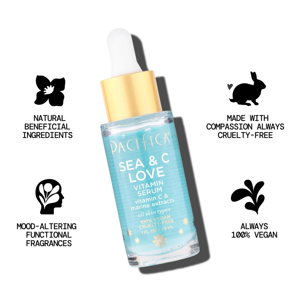 Pacifica Sea & C Love Vitamin C Serum with ingredients displayed