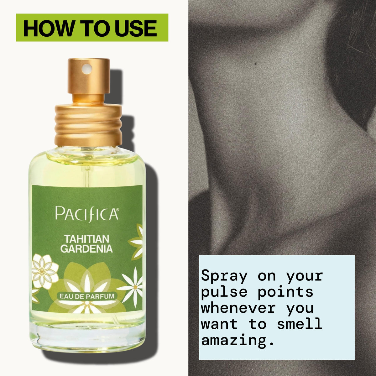 Pacifica Tahitian Gardenia Perfume Spray on a travel bag