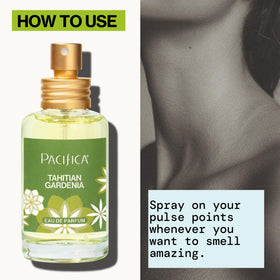 Pacifica Tahitian Gardenia Perfume Spray on a travel bag