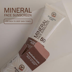 Packaging of Australian Gold SPF 50 Tinted Mineral Face Sunscreen Rich-Deep
