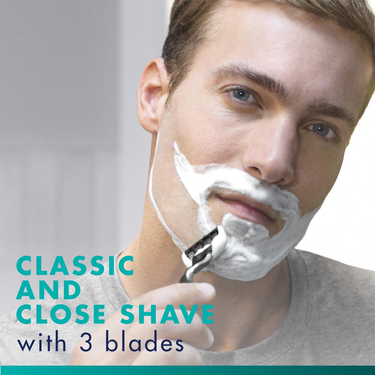 Packaging of Gillette Mach3 Razor Refills on a bathroom shelf