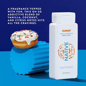 Packaging of Native Dunkin Vanilla Sprinkle Body Wash on a countertop