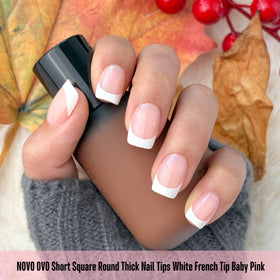 Packaging of NOVO OVO Baby Pink Short Square Round French Tip Nail Tips