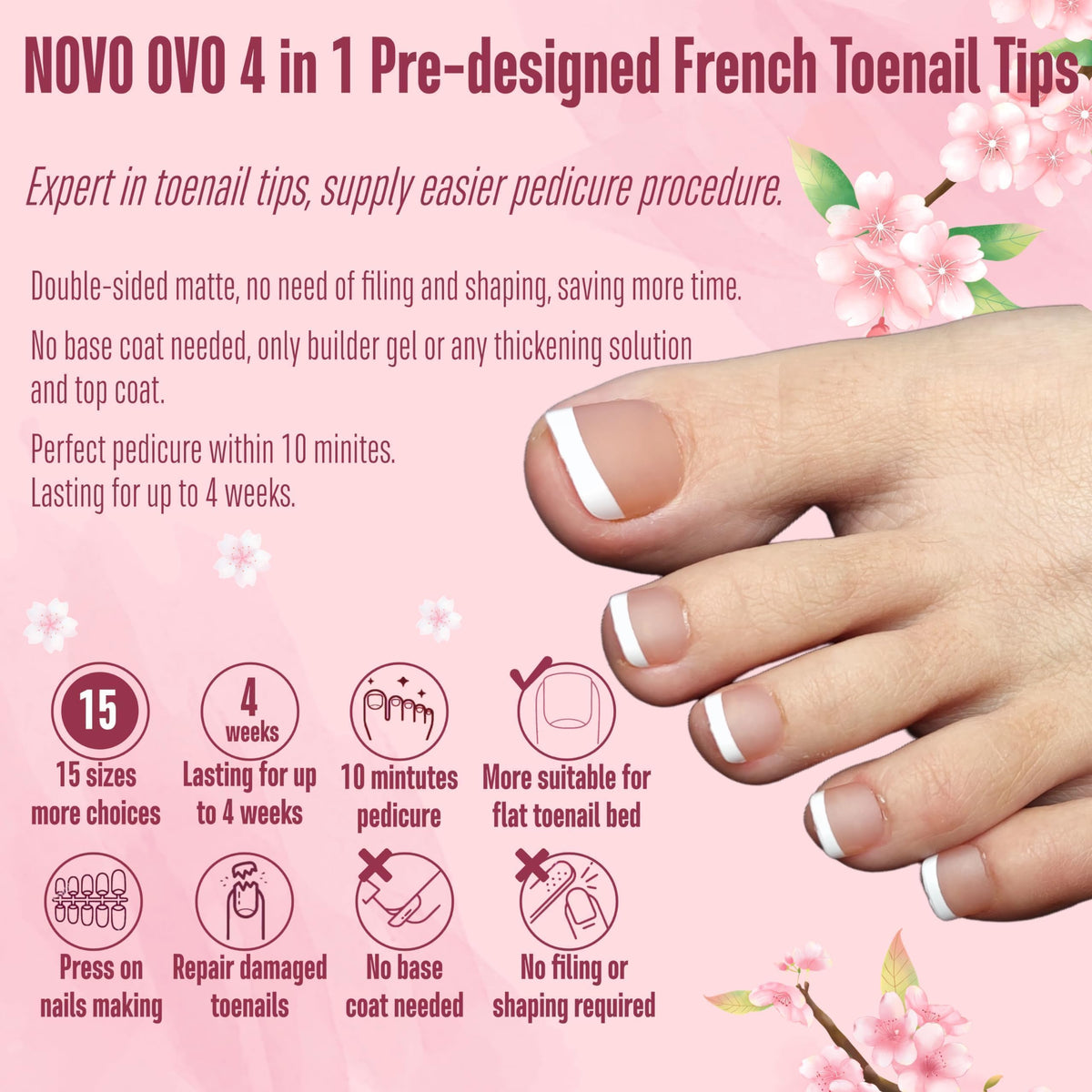 Packaging of NOVO OVO Fake Toe Nail Tips showing 360 pieces