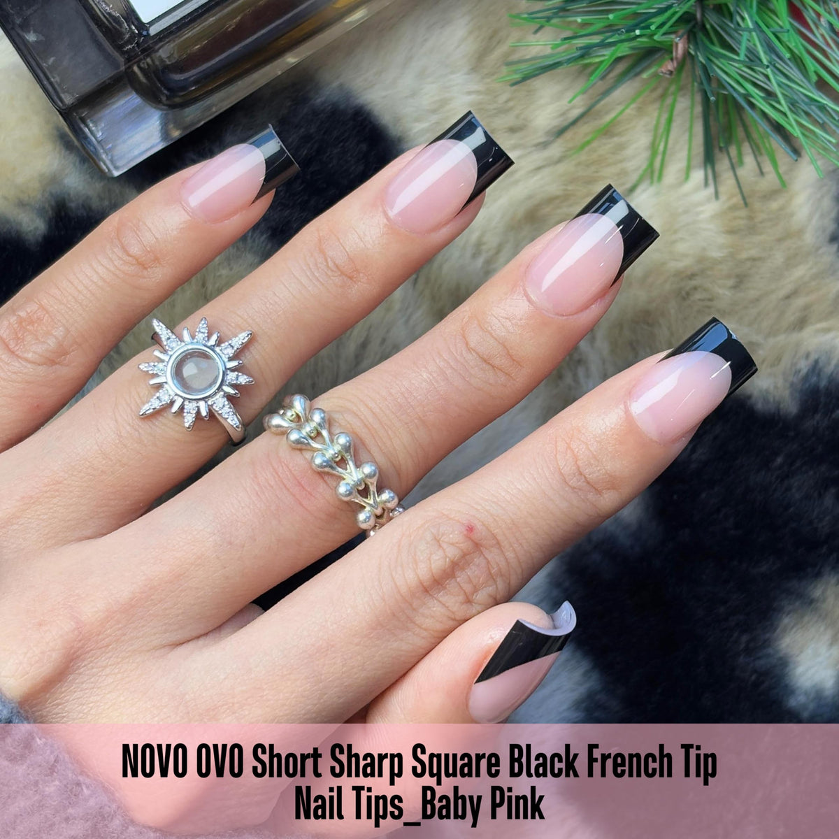Packaging of NOVO OVO Short Sharp Square Black French Tip Nail Tips