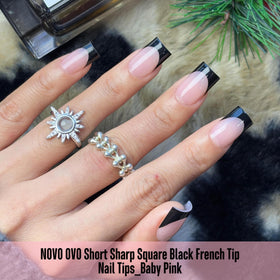 Packaging of NOVO OVO Short Sharp Square Black French Tip Nail Tips