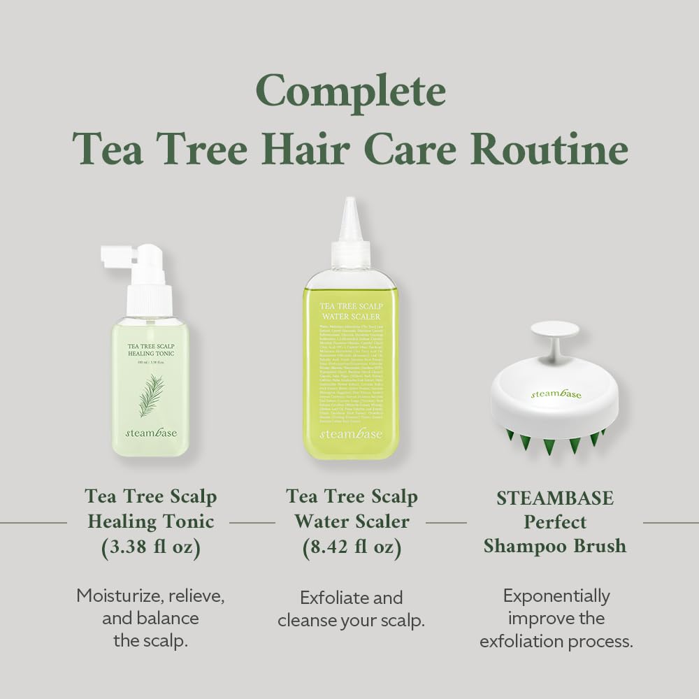 Packaging of STEAMBASE Tea Tree Scalp Healing Tonic showing product details