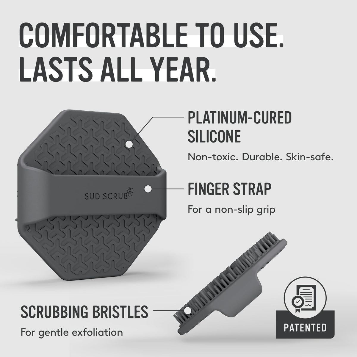 Packaging of Sud Scrub Antimicrobial Silicone Face Scrubber
