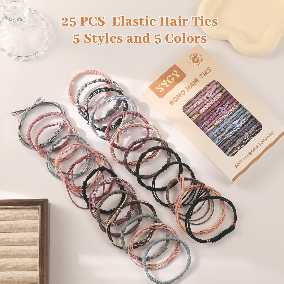 Packaging of SYGY Boho Hair Ties showing product details