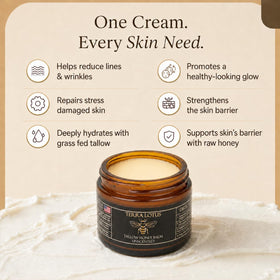Packaging of Terra Lotus Beef Tallow Balm, showcasing the 2 Oz jar