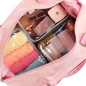 PACKISM Clear Makeup Bag dimensions displayed with travel bottles