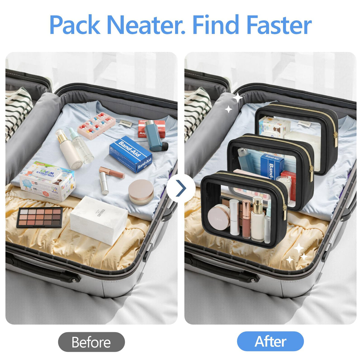 PACKISM Clear Makeup Bag in a car console for organization