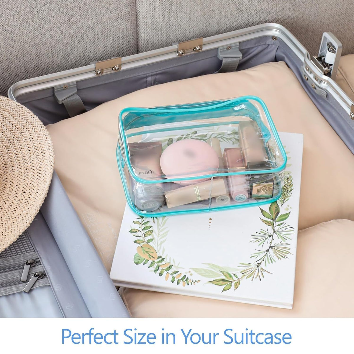 PACKISM Clear Makeup Bag placed in carry-on luggage