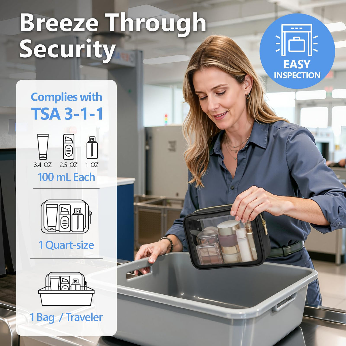 PACKISM Clear Makeup Bag showing TSA-approved size and features