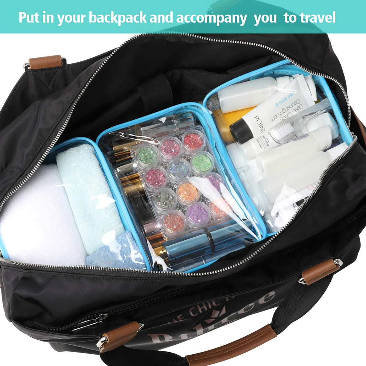 PACKISM TSA Approved clear makeup bag organized with cosmetics