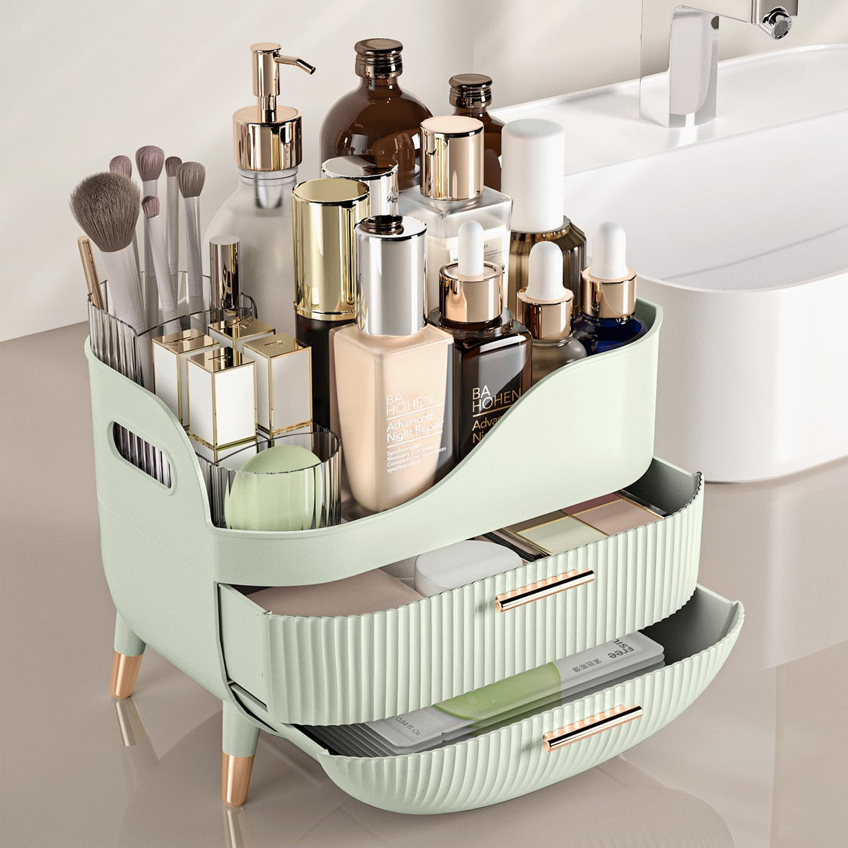 Pajiriona Makeup Organizer top compartment with cosmetics