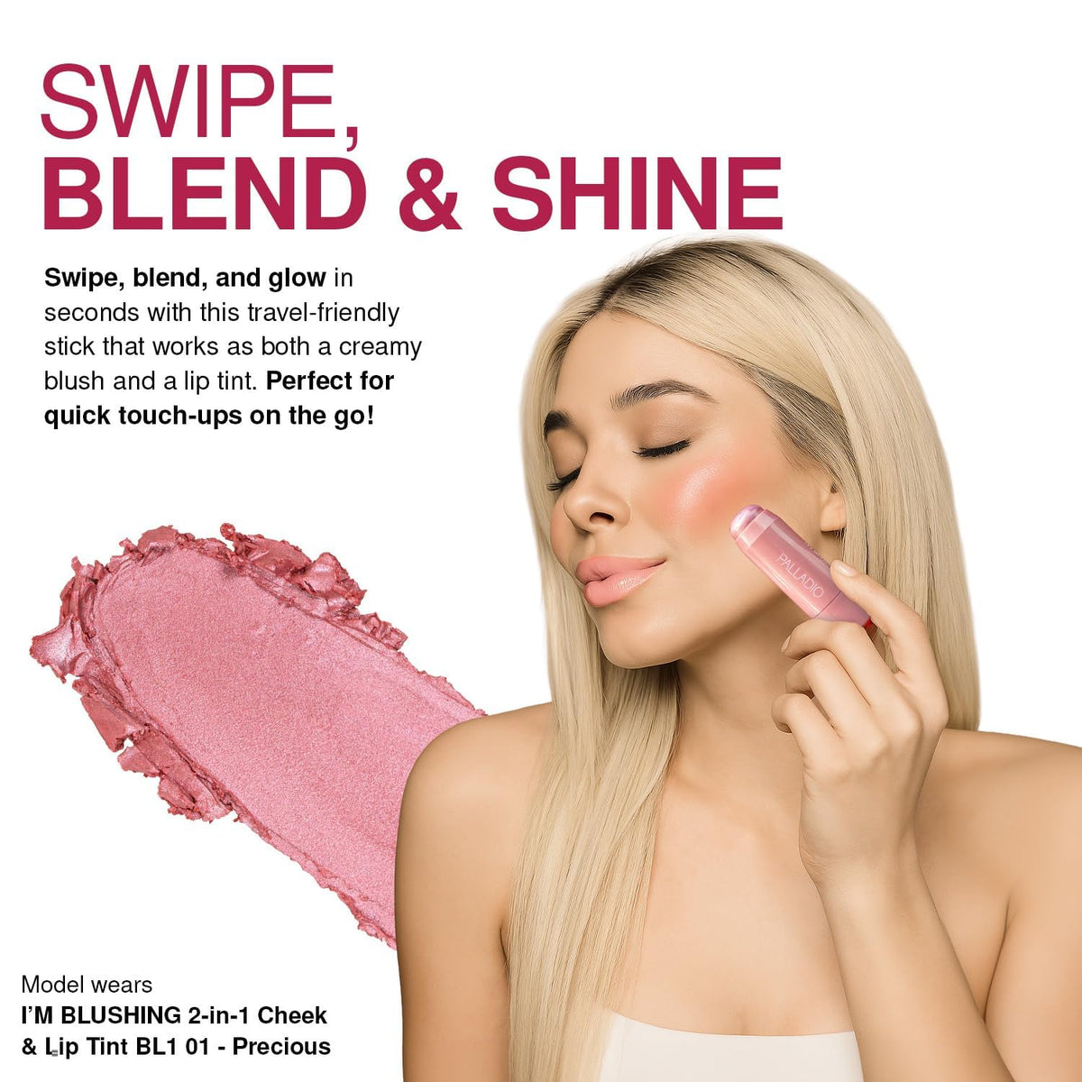 Palladio I'm Blushing 2-in-1 Cheek & Lip Tint in use on lips