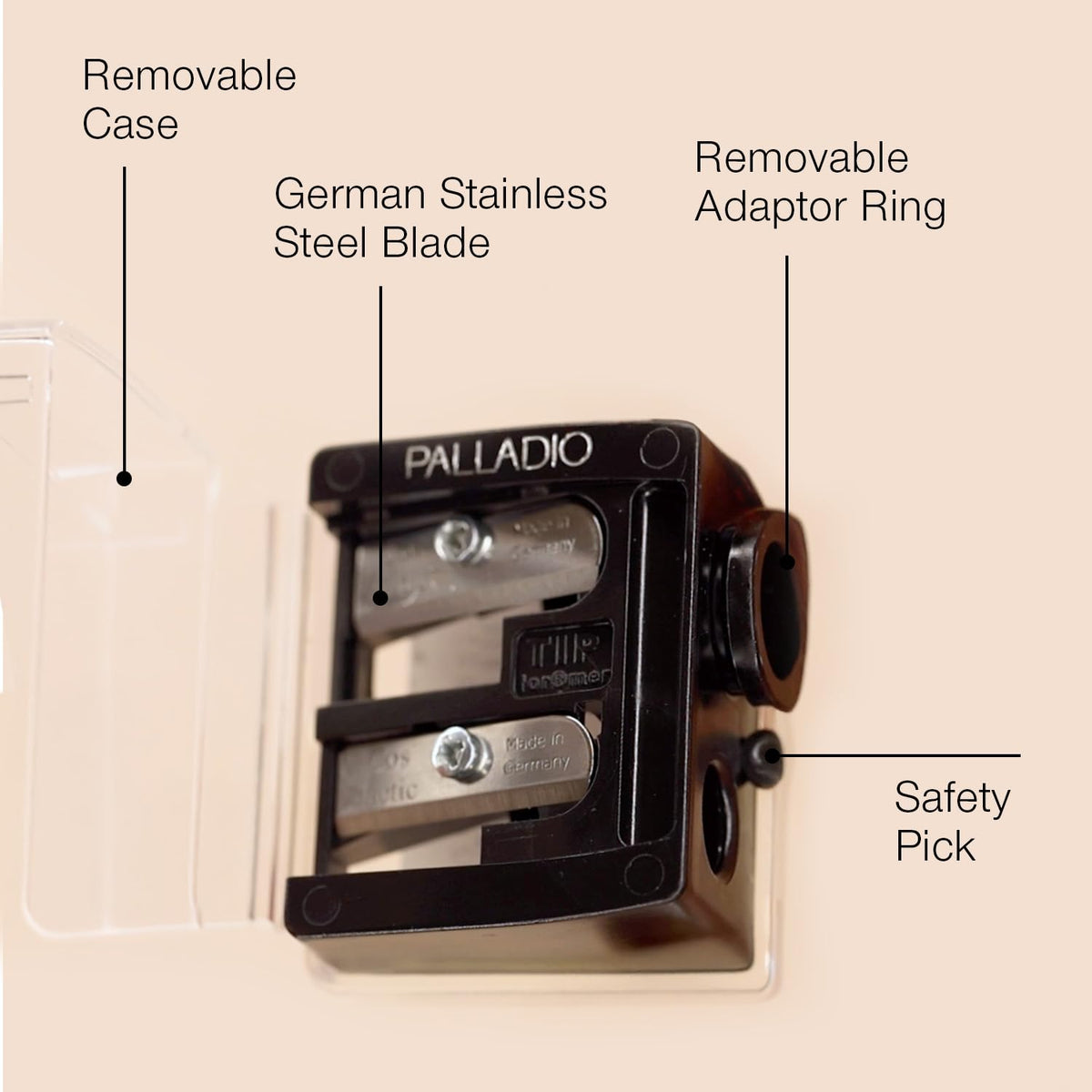 Palladio sharpener showing two openings for different pencil sizes