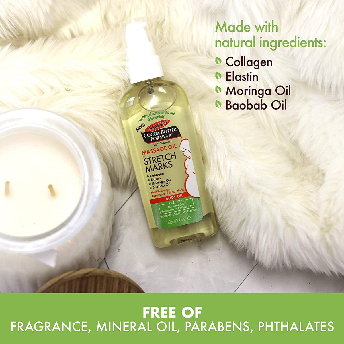 Palmer's Cocoa Butter Massage Oil with natural ingredients background