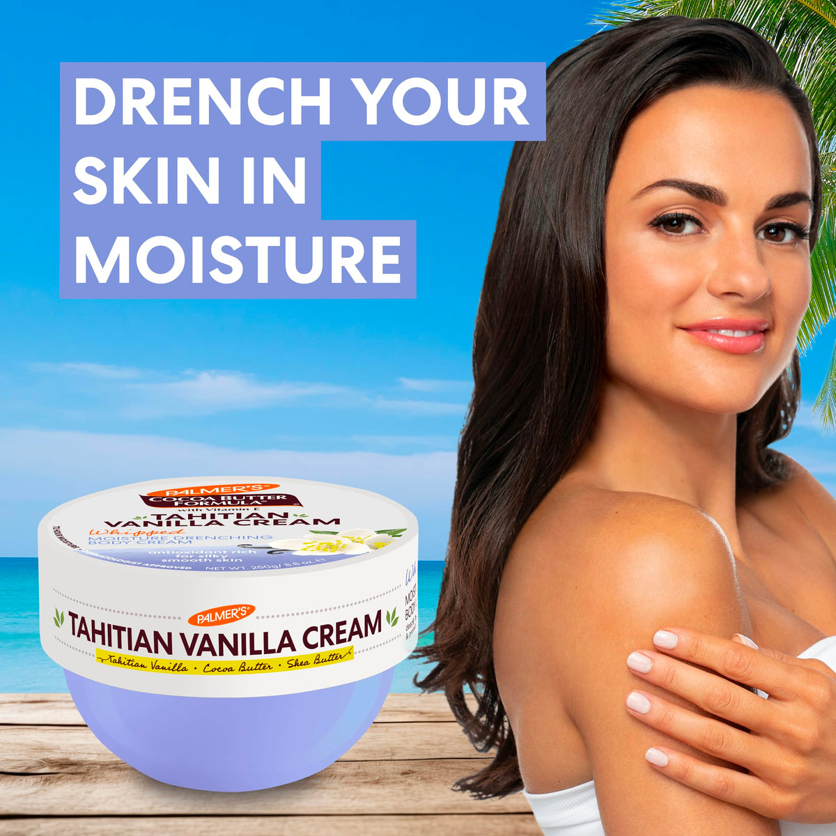 Palmer's Cocoa Butter Tahitian Vanilla Body Cream on a bathroom shelf
