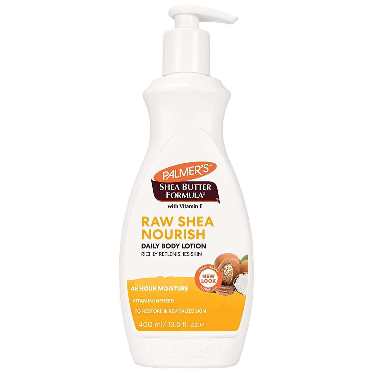 Palmer's Shea Formula Raw Shea Body Lotion side view, pump dispenser