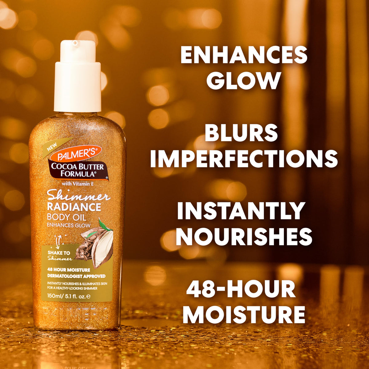 Palmer's Shimmer Body Oil back view with ingredient list