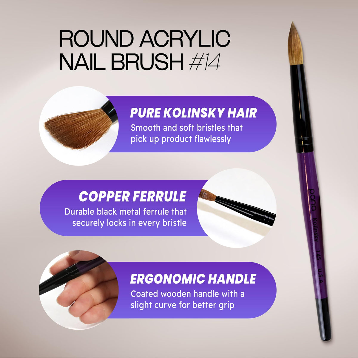 PANA acrylic nail brush with black ferrule and purple handle side view