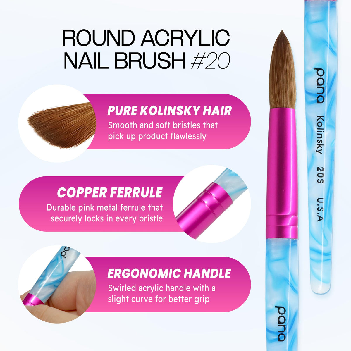 PANA nail brush showing round white swirl blue handle