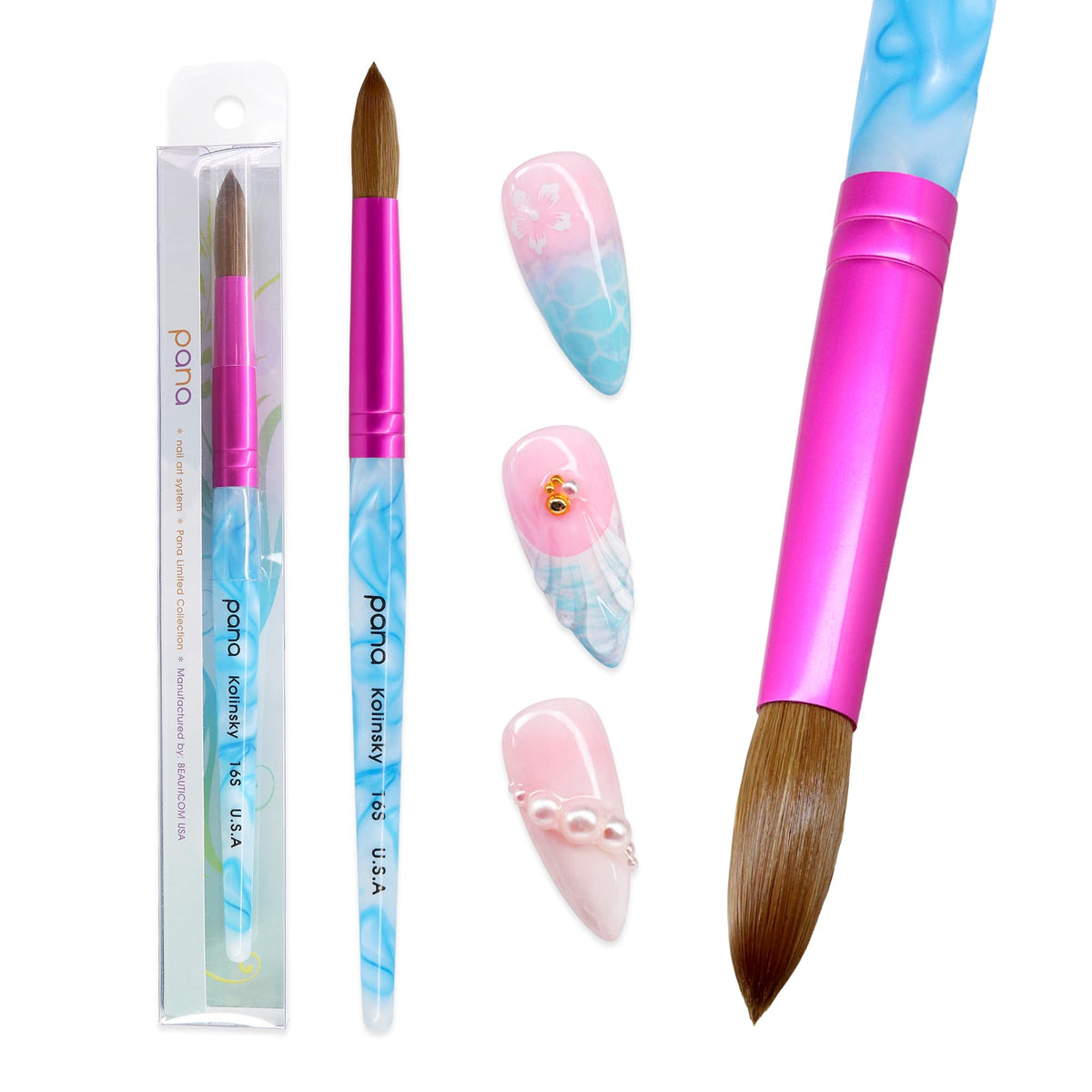 PANA nail brush size 16 showcasing round tip and blue swirl handle