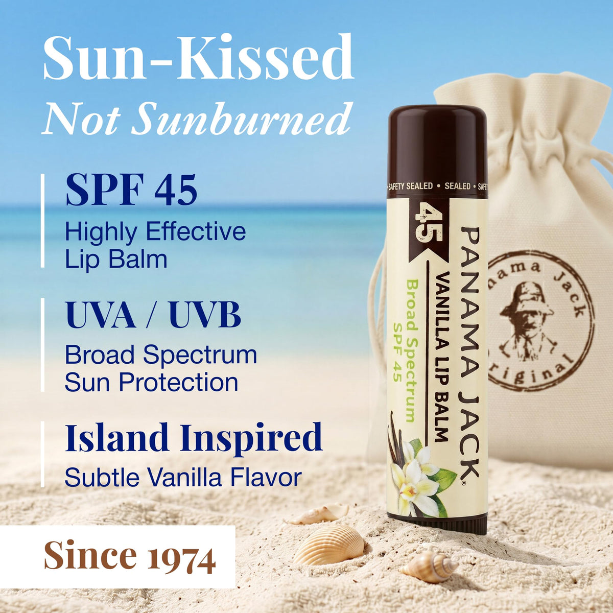 Panama Jack Lip Balm SPF 45 showing packaging with 7-pack