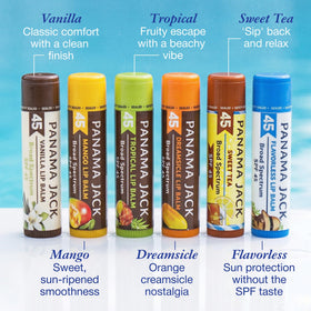 Panama Jack lip balm tubes on a picnic table