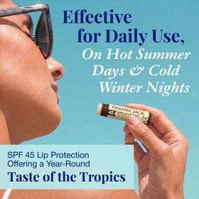 Panama Jack SPF 45 Lip Balm on a beach background