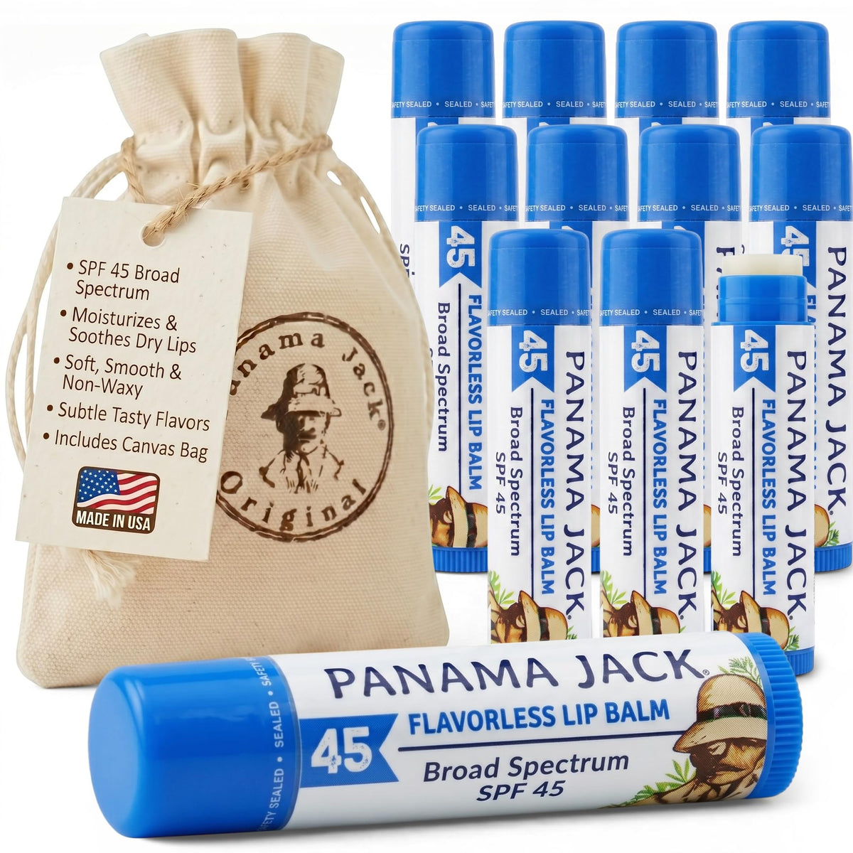 Panama Jack Sunscreen Lip Balm SPF 45 front view with packaging