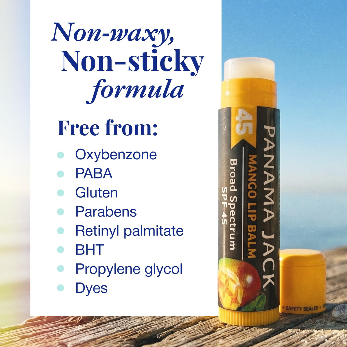 Panama Jack Sunscreen Lip Balm SPF 45 mango flavour applied on lips