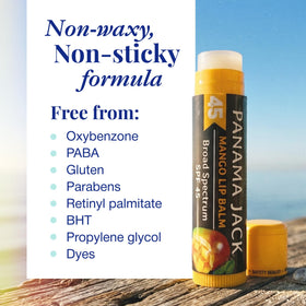 Panama Jack Sunscreen Lip Balm SPF 45 mango flavour applied on lips