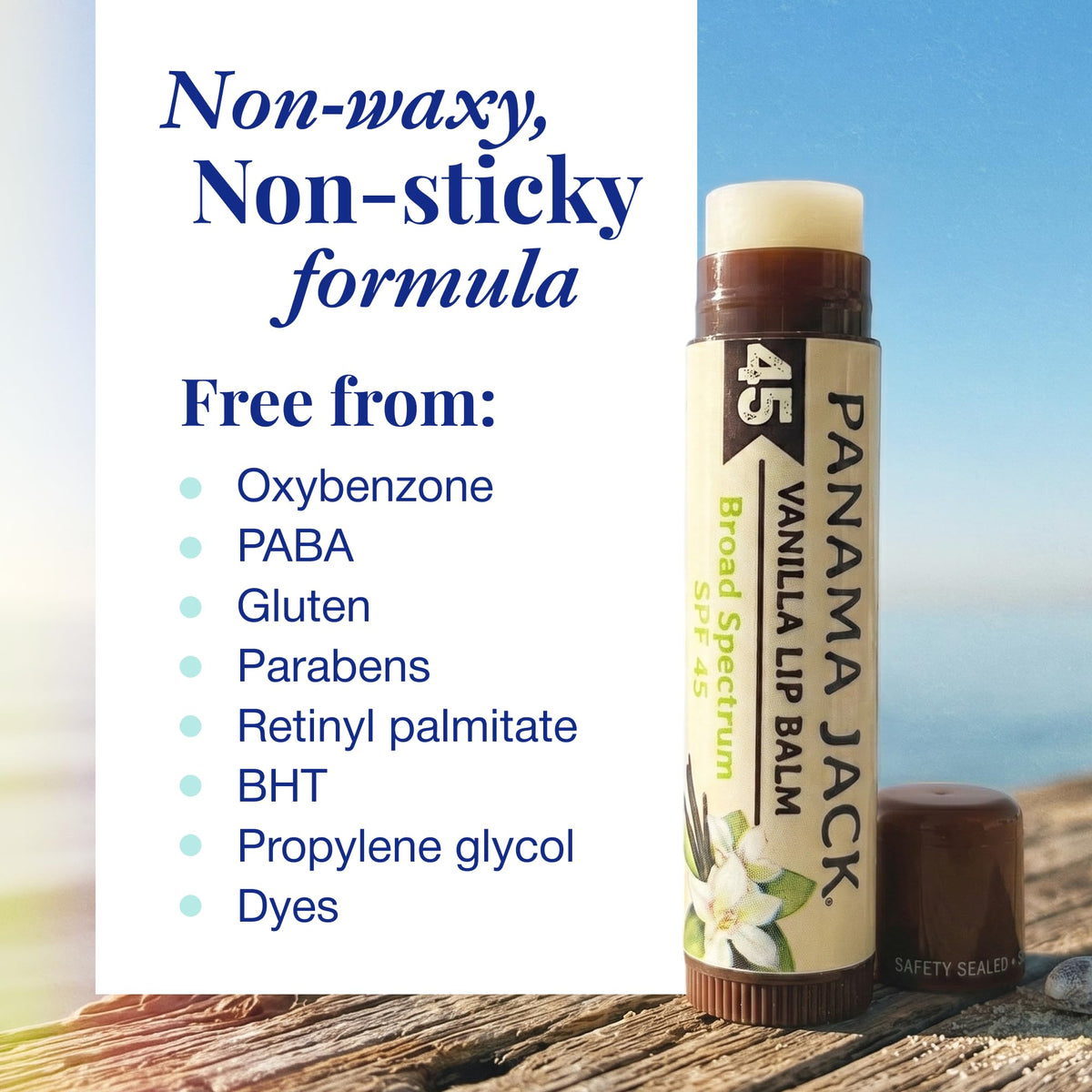 Panama Jack Sunscreen Lip Balm SPF 45 Vanilla in use outdoors