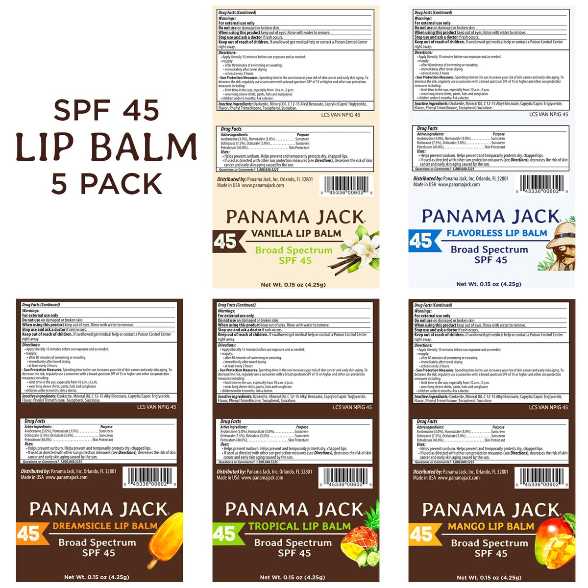 Panama Jack Sunscreen Lip Balm tubes with flavours displayed