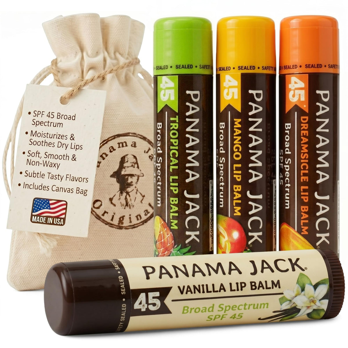 Panama Jack Sunscreen Lip Balm Variety Pack in drawstring bag