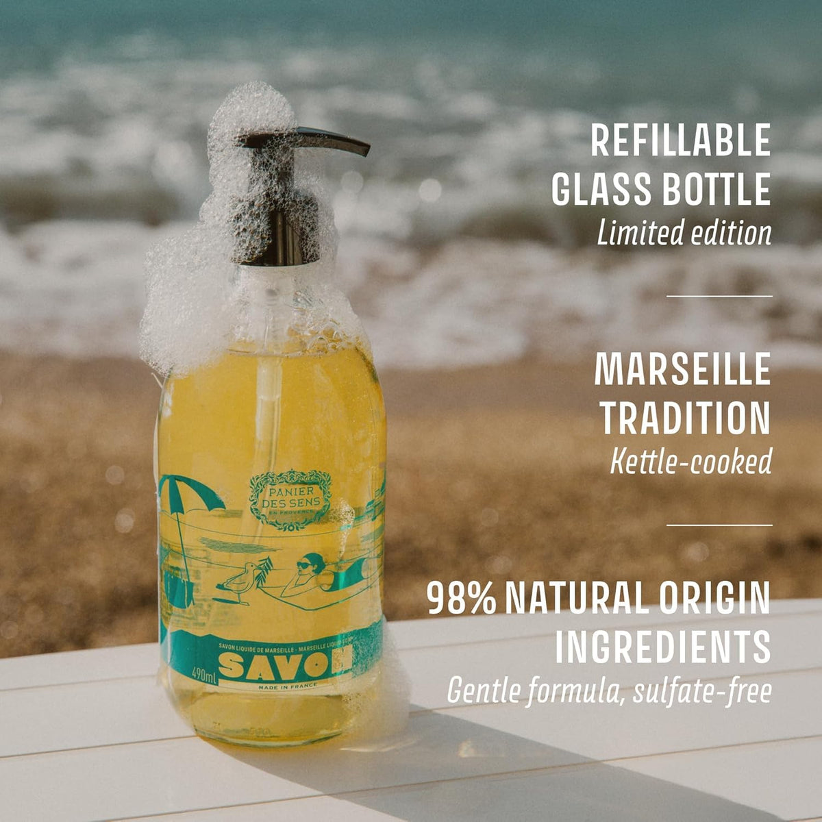 Panier des Sens hand soap bottle showing Marseille-inspired design