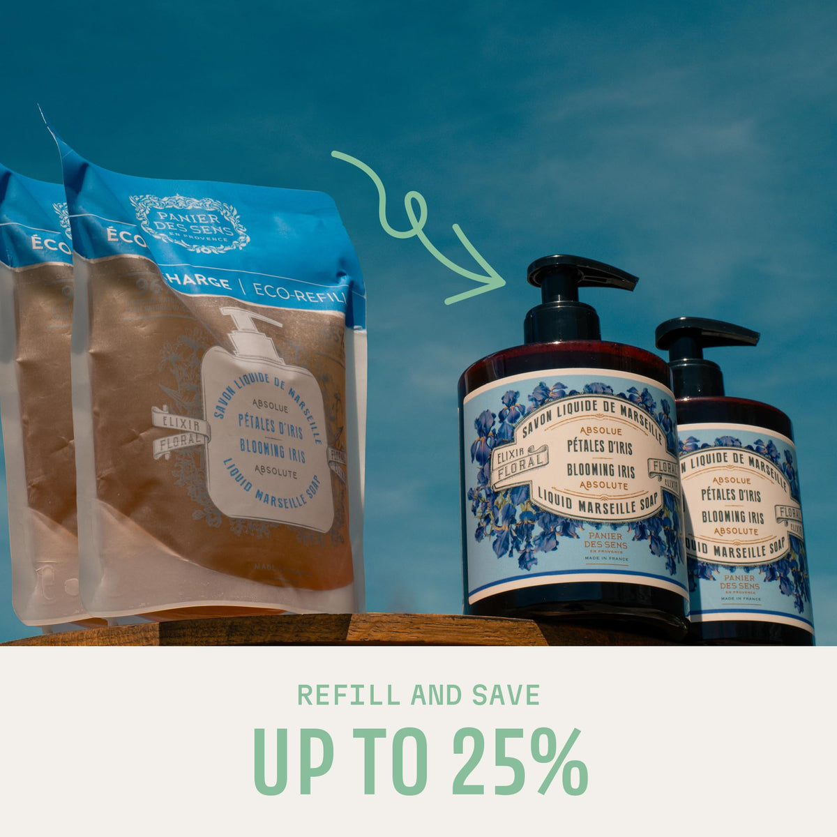 Panier des Sens Iris Liquid Hand Soap with refill bottles