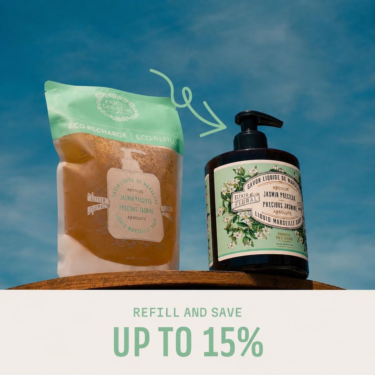 Panier des Sens Jasmine Liquid Hand Soap bottle with refill