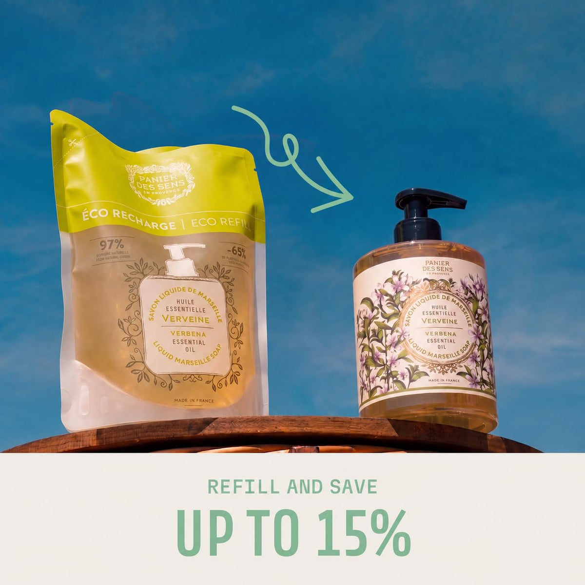 Panier des Sens Lemon Verbena Liquid Hand Soap with refill packaging