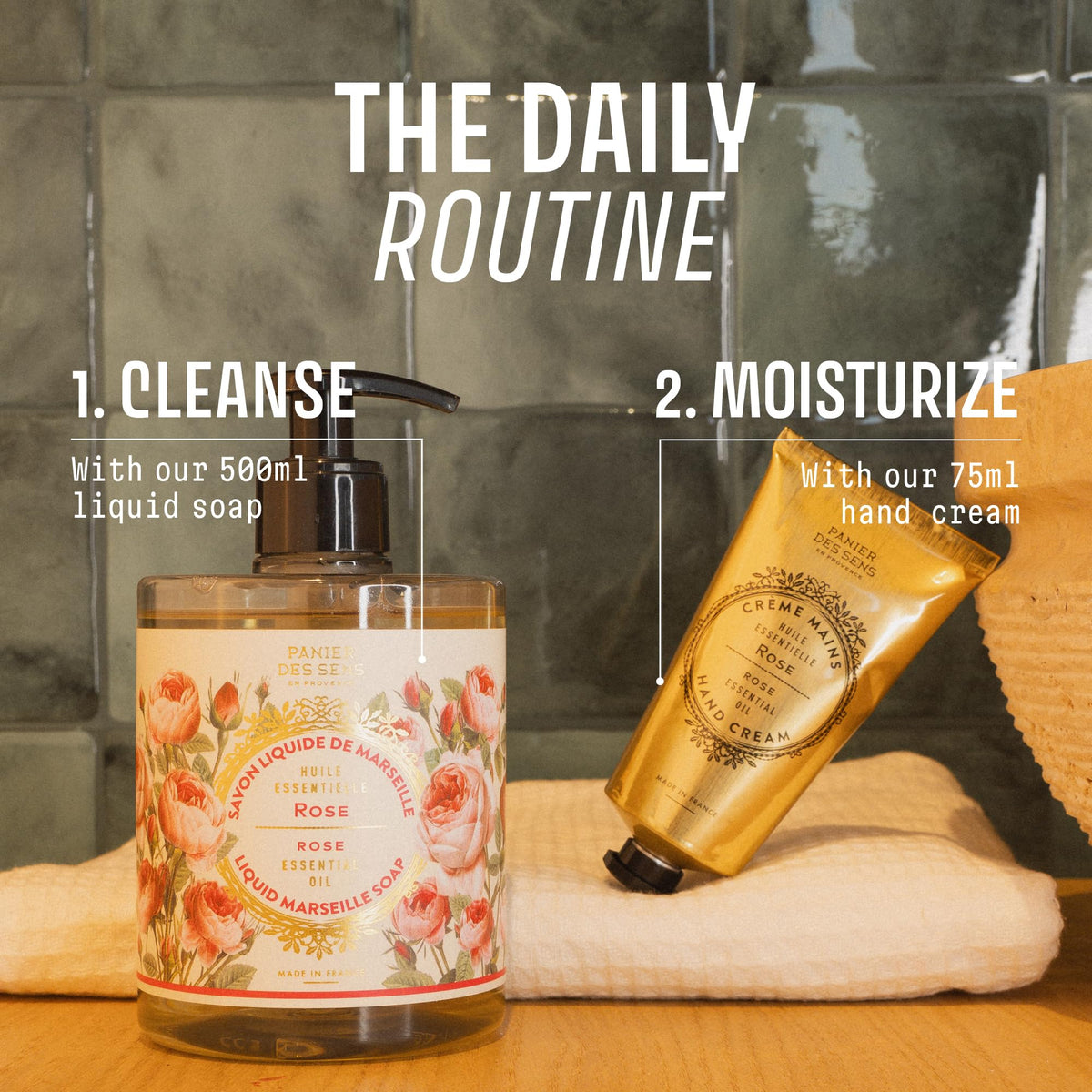 Panier des Sens Rose Liquid Hand Soap on a kitchen sink